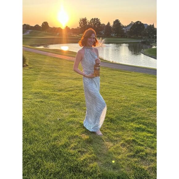 ELLE ZEITOUNE Blue Polka Dot Satin Halter Neckline Tie Waist Grace Gown Size L - Picture 15 of 16